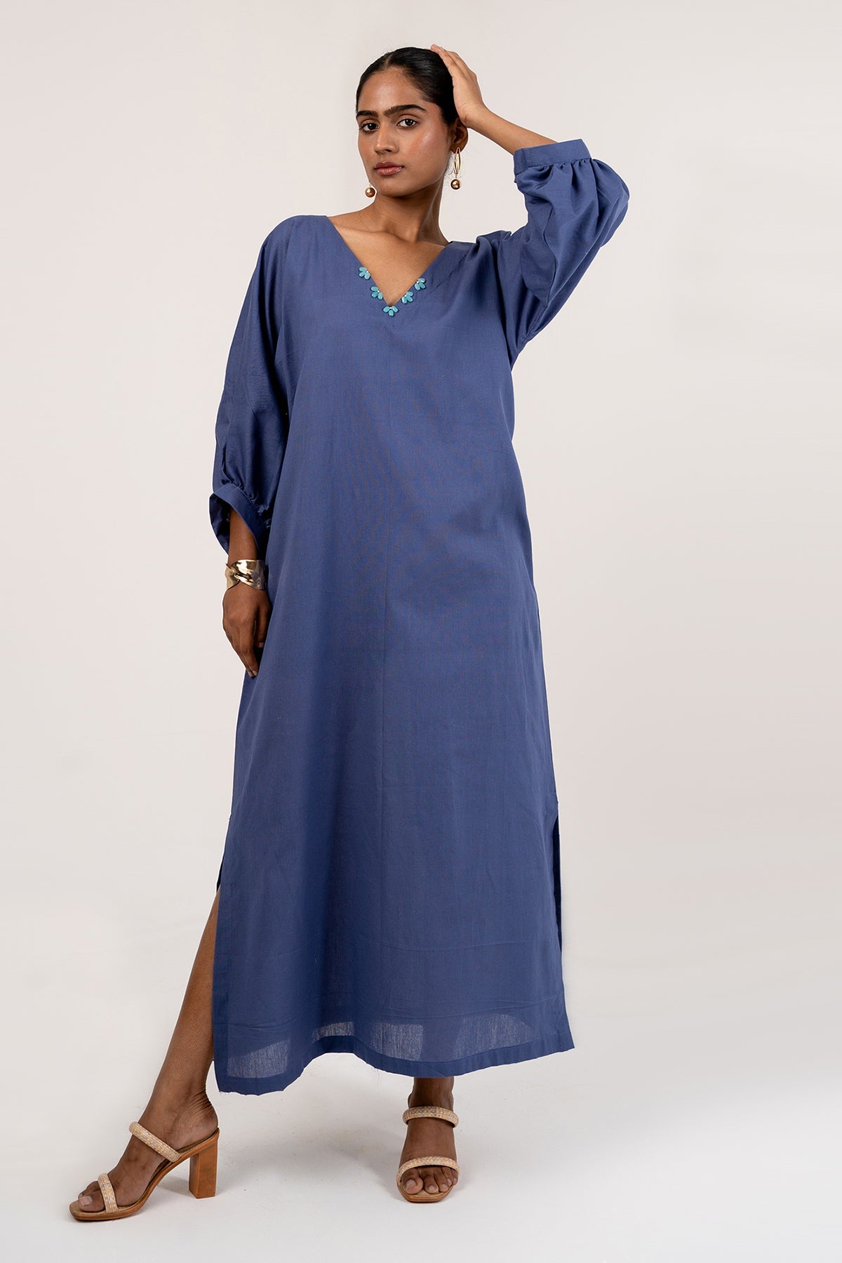 Buy Orient Blue Cotton V-Neck Kaftan by Seher Studio for women online at ScrollnShops
